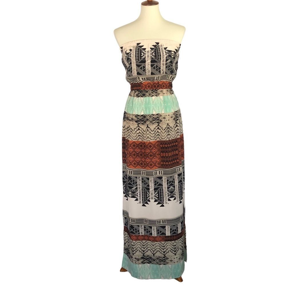 Twelfth Street by Cynthia Vincent 100% Silk Strapless Maxi Dress Aztec Size S